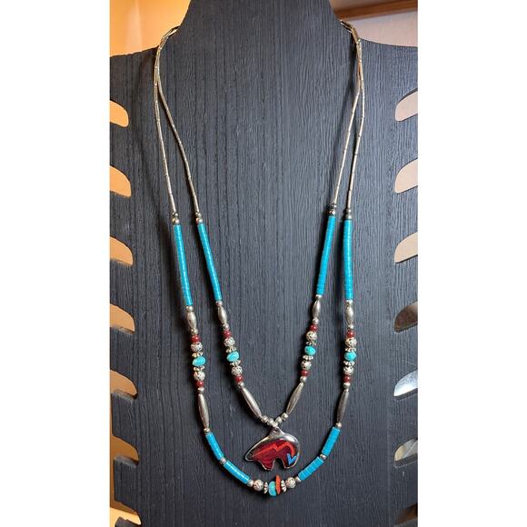 SSL Sterling Silver Turquoise Coral Inlay Bear Necklace Southwest Double Strand - Picture 2 of 6